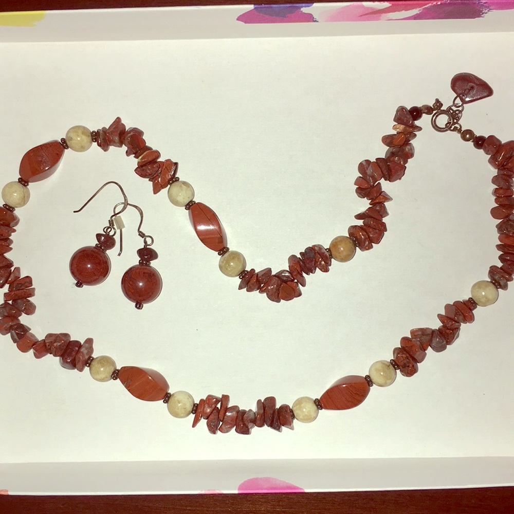Brick red stone beaded necklace and earrings